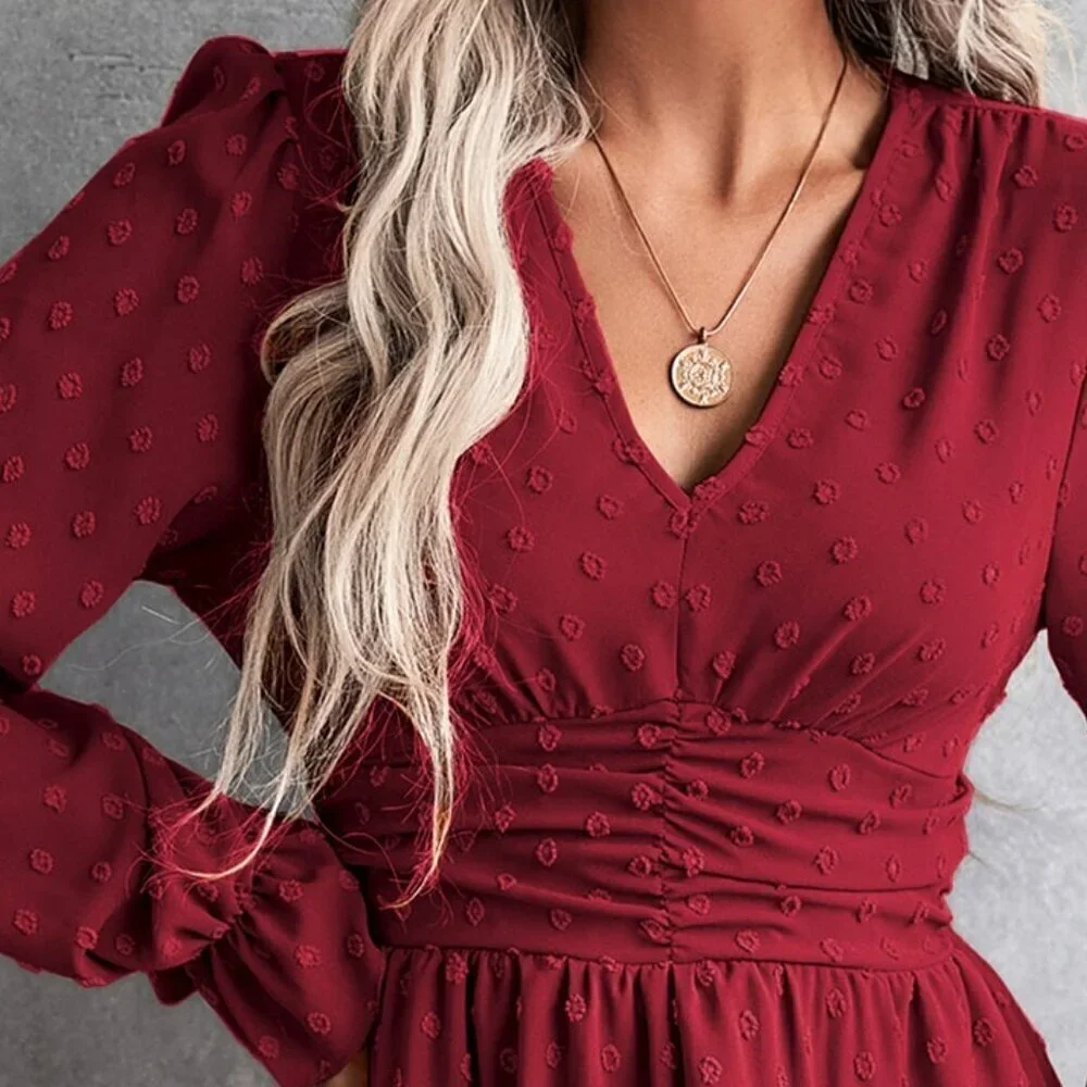 burgundy Boho Women's Swiss Dot Ruched Waist Flounce Sleeve Dress